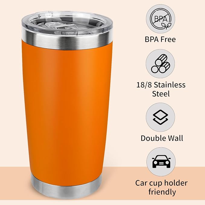 20oz Stainless Steel Tumbler with Lid, Travel Mug - Double Wall Vacuum Powder Coated Cup - Orange, 1 Pack - Image 3