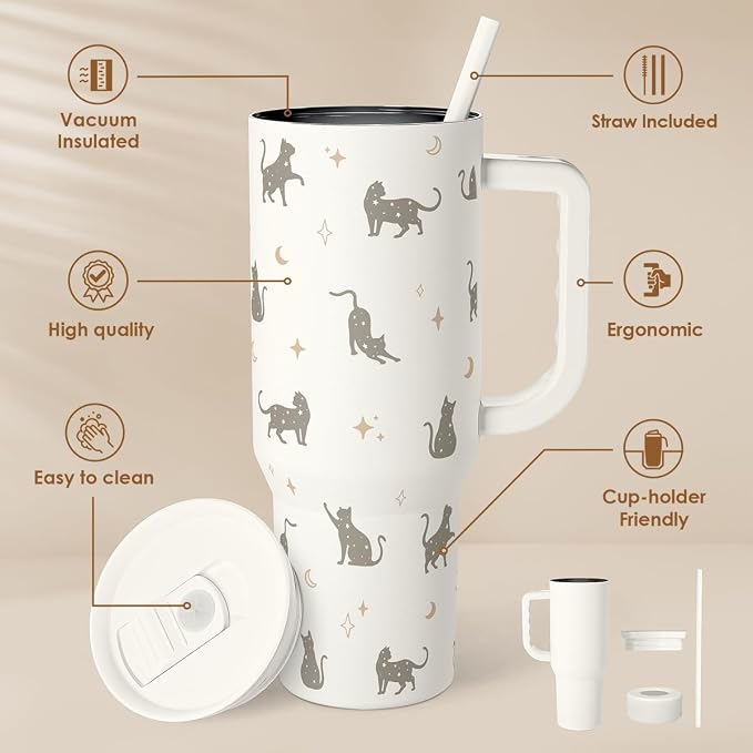 Gift for Cat Lovers Cat Mom – 40oz Stainless Steel Tumbler with Handle and Straw - Travel Coffee Mug for Women, Gift for Birthday, Christmas - Image 2