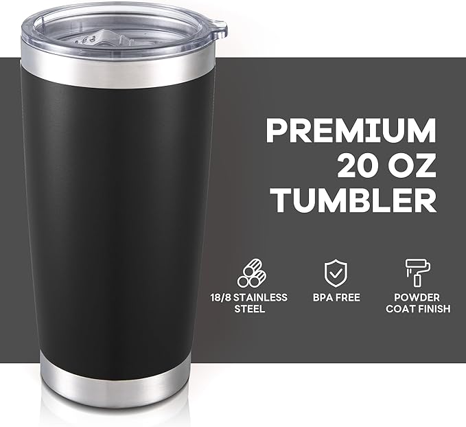 20 oz Tumbler with Lid Stainless Steel Insulated Tumblers Bulk Double Wall Vacuum Cups Powder Coated Travel Mug Keep Drink Cold and Hot, Black, 8 Pack - Image 2