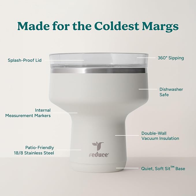REDUCE Saltini 16 oz Cocktail Tumbler - Insulated Margarita Tumbler with Lid - Keeps Drinks Cold for 10 Hours - 360 Sippable Martini Glass Alternative - Shatterproof, Perfect for Parties - Unbleached - Image 3