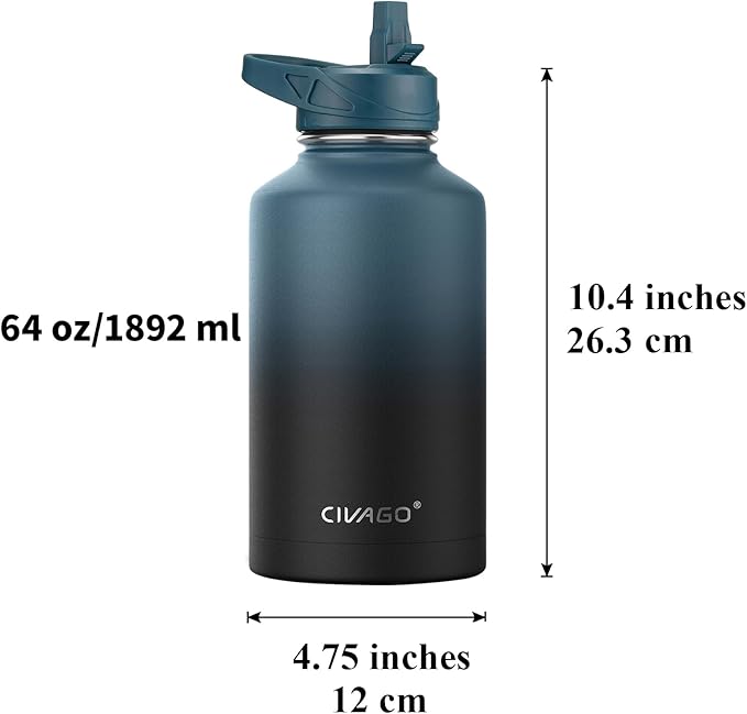 CIVAGO 64 oz Insulated Water Bottle With Straw, Half Gallon Stainless Steel Sports Water Flask Jug with 3 Lids (Straw, Spout and Handle Lid), Large Metal Thermal Cup Mug, Midnight Black - Image 4