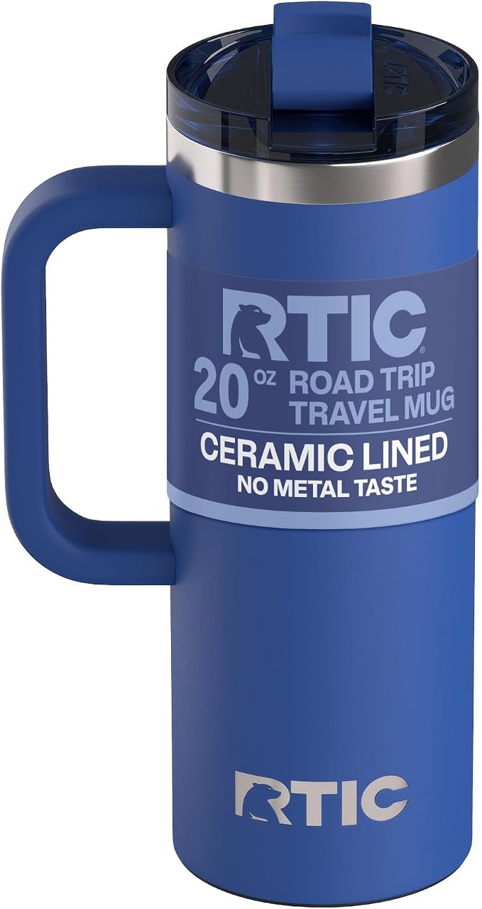 RTIC 20oz Road Trip Travel Mug with Lid and Handle, Ceramic Lined, Insulated, Stainless Steel, Metal, Double Wall Vacuum-Insulation, Portable Coffee, Tea Cup for Hot and Cold Drink, Cobalt by RTIC