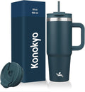 Konokyo 30 oz Tumbler with Handle and 2 Straws,2 in 1 Lid Insulated Water Bottle Stainless Steel Travel Coffee Mug,Navy blue by Konokyo