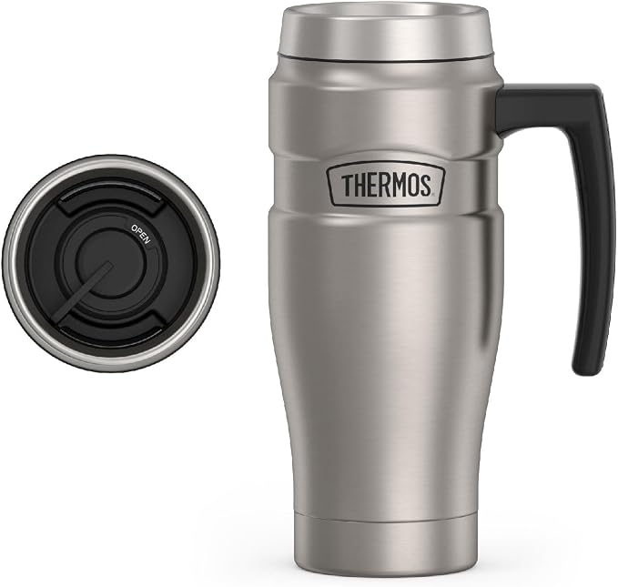 THERMOS Stainless King Vacuum-Insulated Travel Mug with Handle - 16oz, Matte Steel - Thermos Tumbler for Hot & Cold Drinks - Leak-Proof & Sweat-Proof Stainless Steel Coffee Mug with Lid for Commuting by Thermos