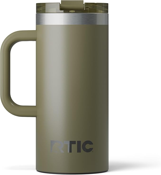 RTIC 16oz Road Trip Travel Mug with Lid and Handle, Ceramic Lined, Insulated, Stainless Steel, Metal, Double Wall Vacuum-Insulation, Portable Coffee, Tea Cup for Hot and Cold Drink, Olive by RTIC