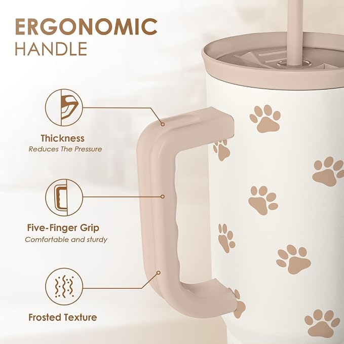 Paw Print Tumbler with Handle, Gifts for Dog Mom, Stainless Steel Insulated Tumblers Coffee Travel Mug Cup, Gift for Women Girls on Birthday Christmas Mothers Day, 40oz - Image 3