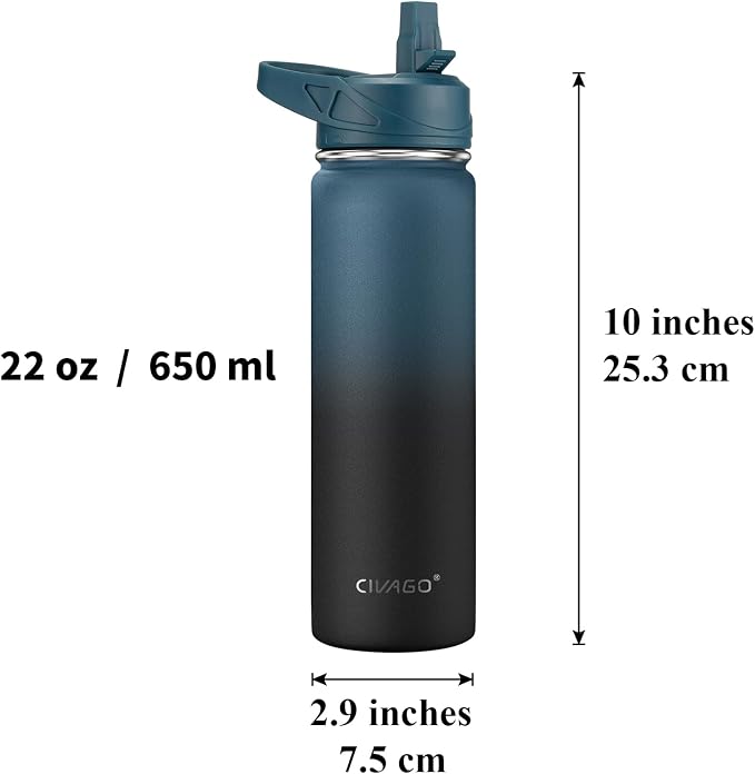 CIVAGO 22 oz Insulated Water Bottle With Straw, Stainless Steel Sports Water Flask Cup with 3 Lids (Straw, Portable Spout and Handle Lid), Double Walled Travel Thermal Canteen Mug, Black - Image 4