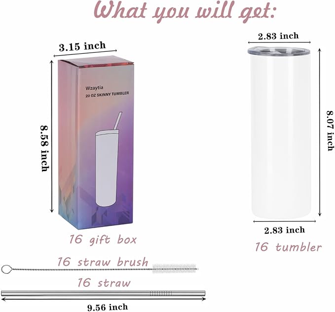 16 Pack 20 Oz Straight Skinny Tumblers,Individually Gift Boxed Stainless Steel Slim Skinny Tumbler Set Bulk, 20 Oz Insulated Slim Thin Travel Tumbler Cup for Diy, White - Image 2