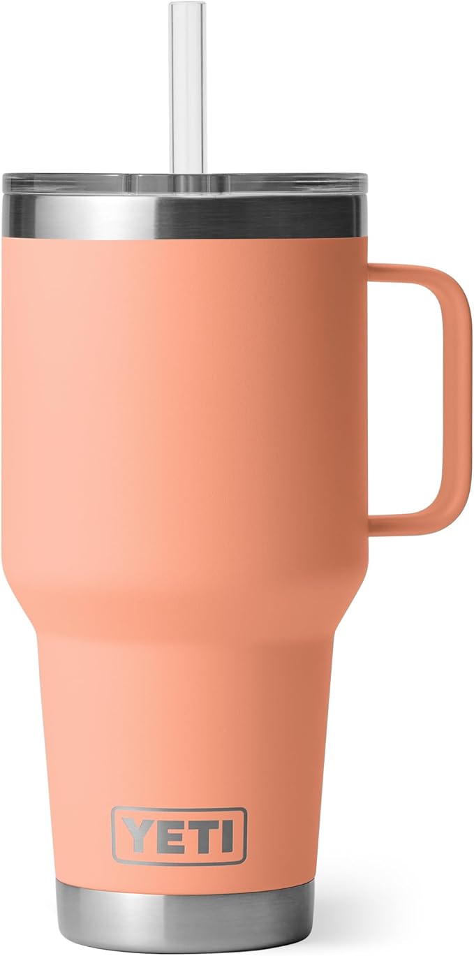 YETI Rambler 35 oz Tumbler with Handle and Straw Lid, Travel Mug Water Tumbler, Vacuum Insulated Cup with Handle, Stainless Steel, Lowcountry Peach by YETI