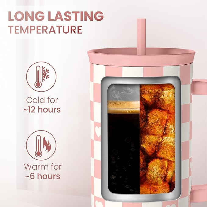 40oz Checkered and Heart Tumbler with Handle and Straw - Insulated Stainless Steel Travel Coffee Mug for Women Girls, Gift for Birthday, Christmas - Image 4