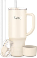 Renoj Insulated Mug 100% Spill Resistant Insulated Water Bottle for Iced Coffee & Hot Drinks - Fits Car Cup Holder, Ideal Gift, 2 Straws & Silicone Boot - FlexSlide White 40 oz by VisittheRenoj