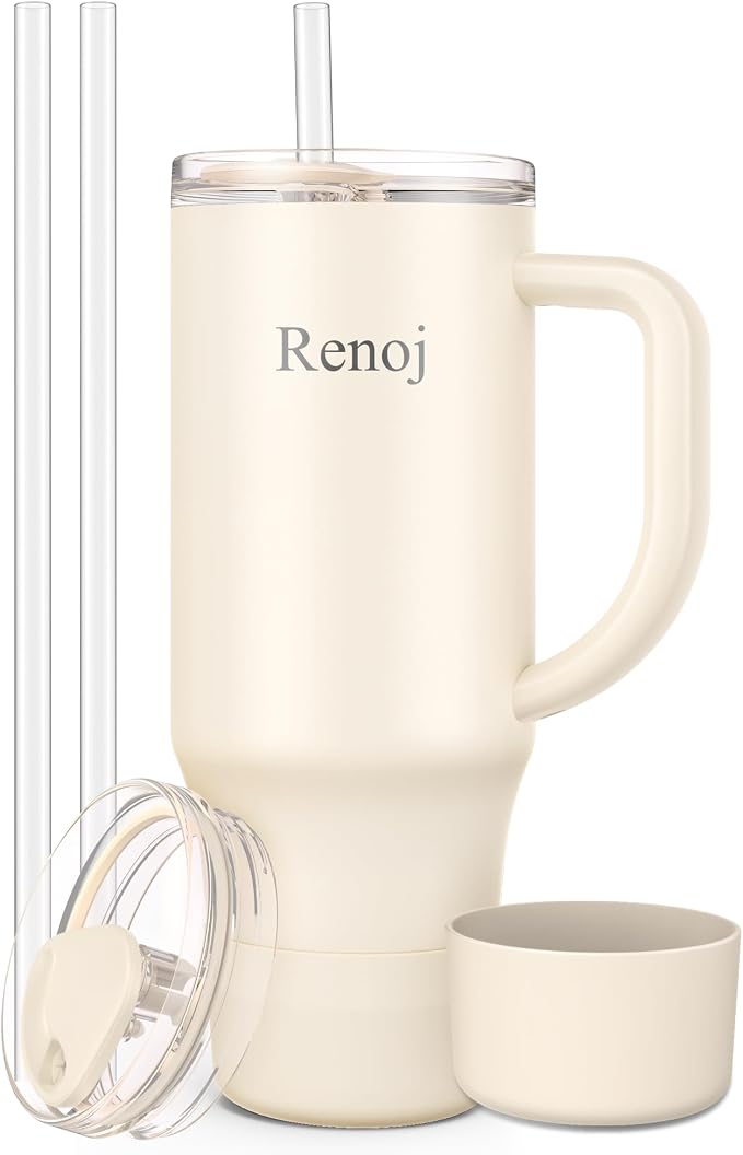Renoj Insulated Mug 100% Spill Resistant Insulated Water Bottle for Iced Coffee & Hot Drinks - Fits Car Cup Holder, Ideal Gift, 2 Straws & Silicone Boot - FlexSlide White 32 oz by VisittheRenoj