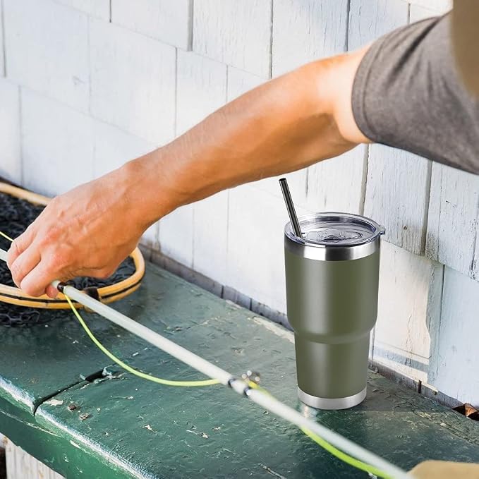 DOMICARE 30 oz Tumbler with Lid and Straw, Stainless Steel Tumblers Bulk, Insulated Vacuum Double Wall Travel Coffee Mug, Durable Powder Coated Tumbler Cups (Army Green, 4) - Image 6