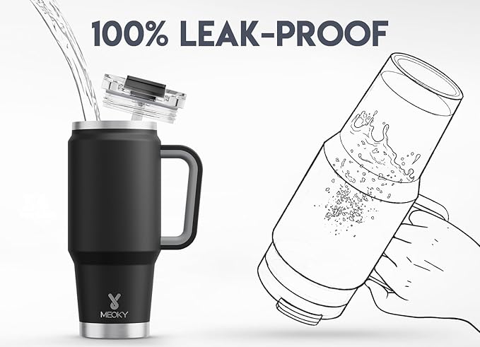 Meoky 32 oz Tumbler with Handle, Insulated Tumbler with Lid and Straw, Stainless Steel Travel Mug, Keeps Cold for 24 Hours, 100% Leak Proof, Fits in Car Cup Holder (Night) - Image 3