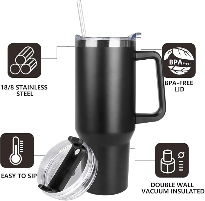 SYACOT 40 oz Tumbler with Handle and Straw Stainless Steel Insulated Tumbler Leak Proof Lid and Straw Lid Reusable Travel Mug Coffee Mug Cup Dishwasher Safe Keep Drinks Cold and Hot (Magic Black) - Image 4