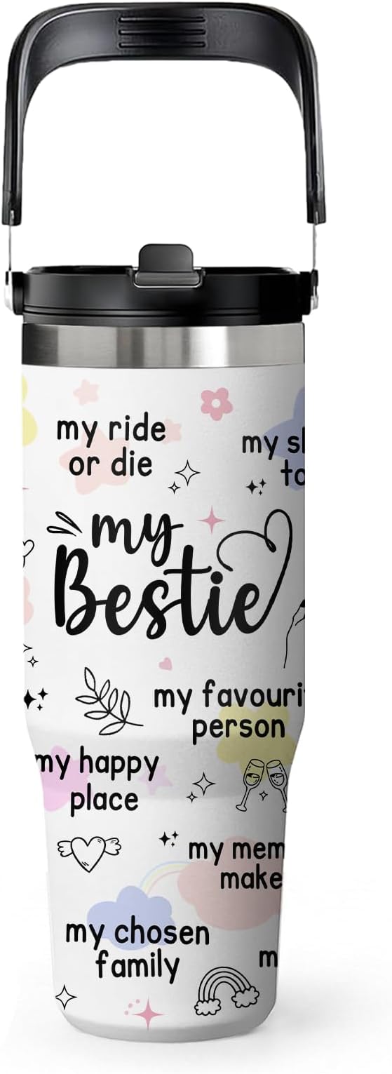 Bestie Tumbler 30oz - Best Friend Gift for Women, Stainless Steel Insulated Cup with Handle, Friendship Birthday Christmas Gift for Female Friends, Thoughtful Gifts Idea by welcometoHYMONA