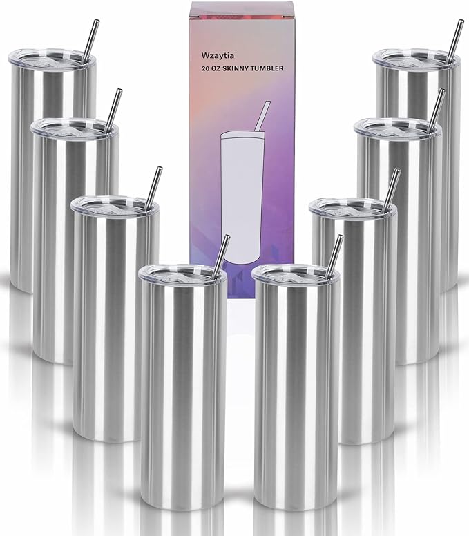 8 Pack 20 Oz Straight Skinny Tumblers, Individually Gift Boxed Stainless Steel Slim Skinny Tumbler Set Bulk, 20 Oz Insulated Slim Thin Travel Tumbler Cup for Diy, Silver by Wzaytia