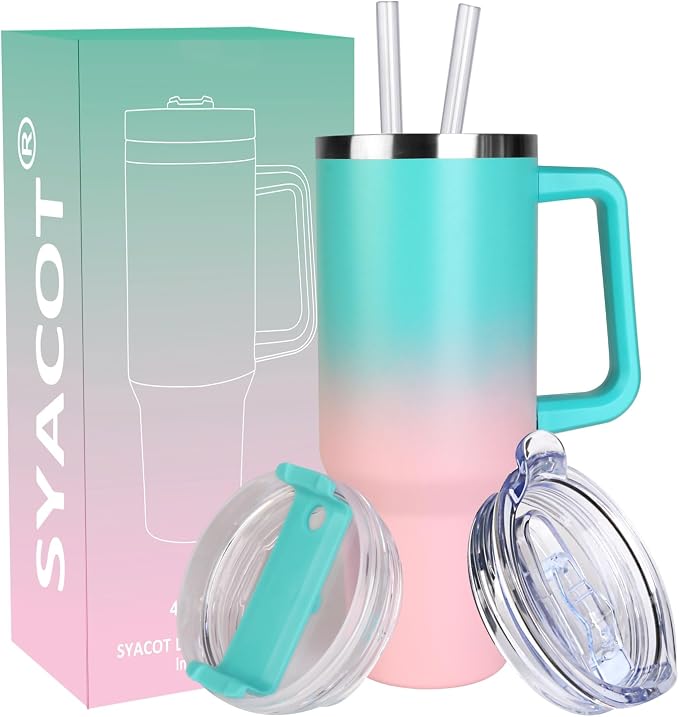 SYACOT 40 oz Tumbler with Handle and Straw Stainless Steel Insulated Tumbler Leak Proof Lid and Straw Lid Reusable Travel Mug Coffee Mug Cup Dishwasher Safe Keep Drinks Cold and Hot (Bubble Gum) by SYACOT