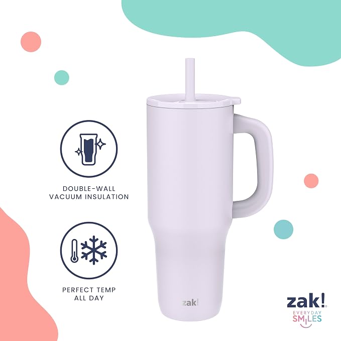Zak Designs Sutton Travel Tumbler for On the Go, 40oz Stainless Steel with Vacuum Insulation, Silicone Straw, and Carry Handle for Cold Drinks (So Sweet Pink) - Image 4