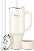 Renoj Insulated Mug 100% Leak Proof Insulated Water Bottle for Iced Coffee & Hot Drinks - Fits Car Cup Holder, Ideal Gift, 2 Straws & Silicone Boot - SnapShift White 32 oz by VisittheRenoj