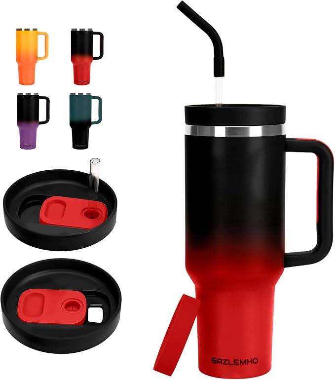 40oz Tumbler with Handle and Straw Spout 2-in-1 Lid, Spill Leak Proof Insulated Travel Cup Traveler Water Mug Keep Cold Hot, Dishwasher Safe Stainless Steel Bottle Gifts for Women Men, Black Red by GAZLEMHO