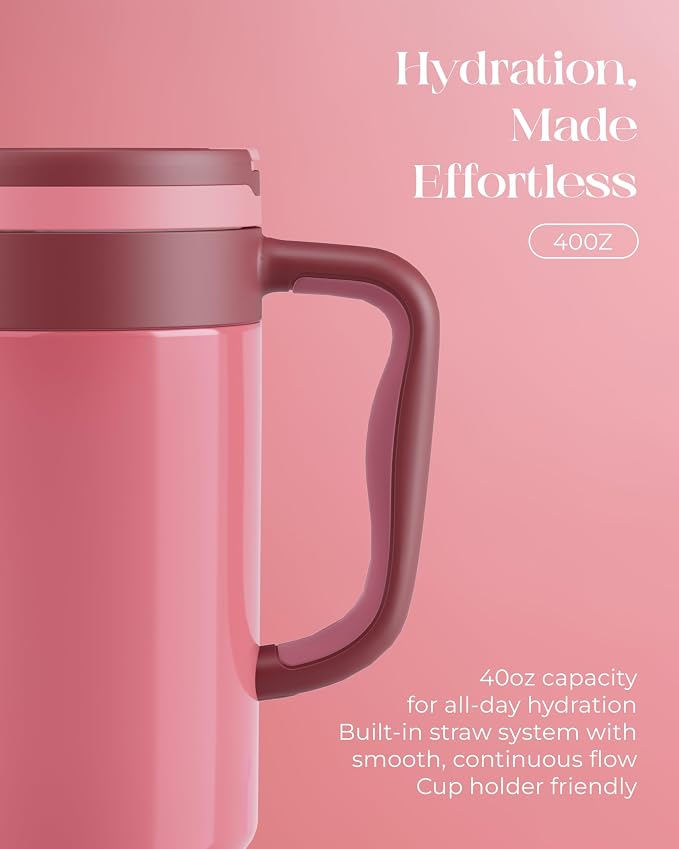 40 oz Insulated Tumbler with Handle and Push-Button Straw Lid, Stainless Steel Travel Cup for Gym Office, Leakproof, BPA-Free, Cup Holder Friendly, Bow Silicone Boot, Pink (Dusty Rose) - Image 5