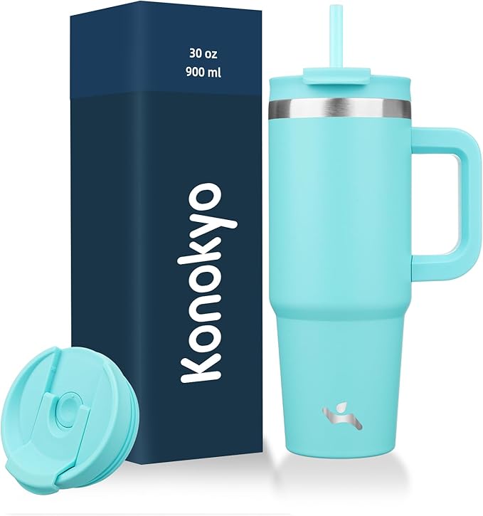 Konokyo 30 oz Tumbler with Handle and 2 Straws,2 in 1 Lid Insulated Water Bottle Stainless Steel Travel Coffee Mug,Turquoise by Konokyo