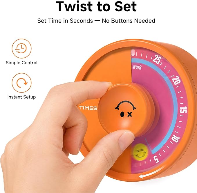 60-Minute Visual Timer, Twist to Set, Loud Battery-Powered Alarm, Bright Rotary - Image 2