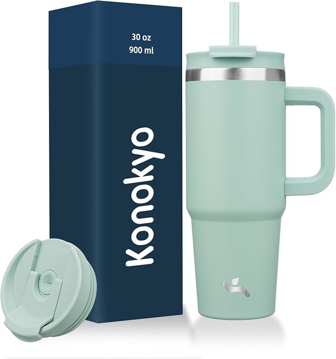 Konokyo 30 oz Tumbler with Handle and 2 Straws,2 in 1 Lid Insulated Water Bottle Stainless Steel Travel Coffee Mug,Retro Green by Konokyo