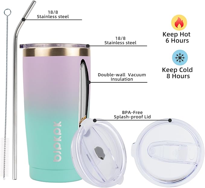 BJPKPK Insulated Stainless Steel Tumbler, Coffee Cup with Lid and Straw, Double Wall Vacuum Travel Mug, Powder Coated Leakproof Tumbler Cup,Lavender Green - Image 2
