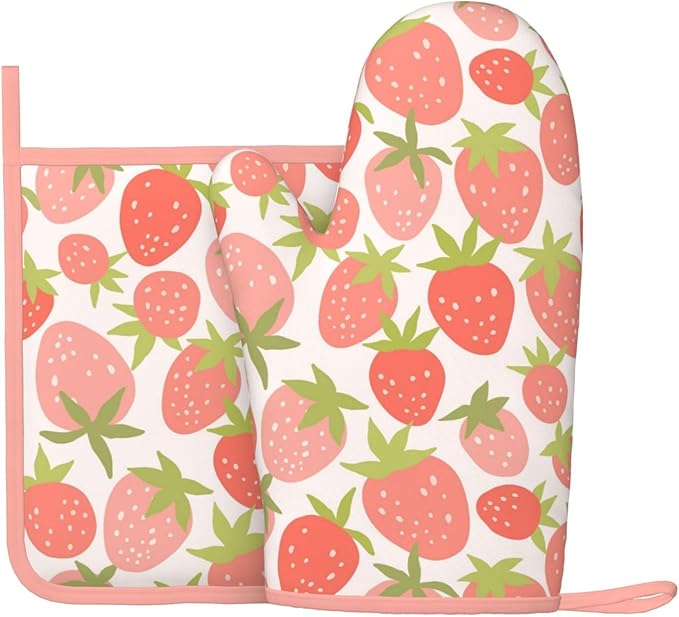 Strawberry Silicone Oven Mitts Pan Mats Set of 2, Heat Resistant Gloves by Cayiibe
