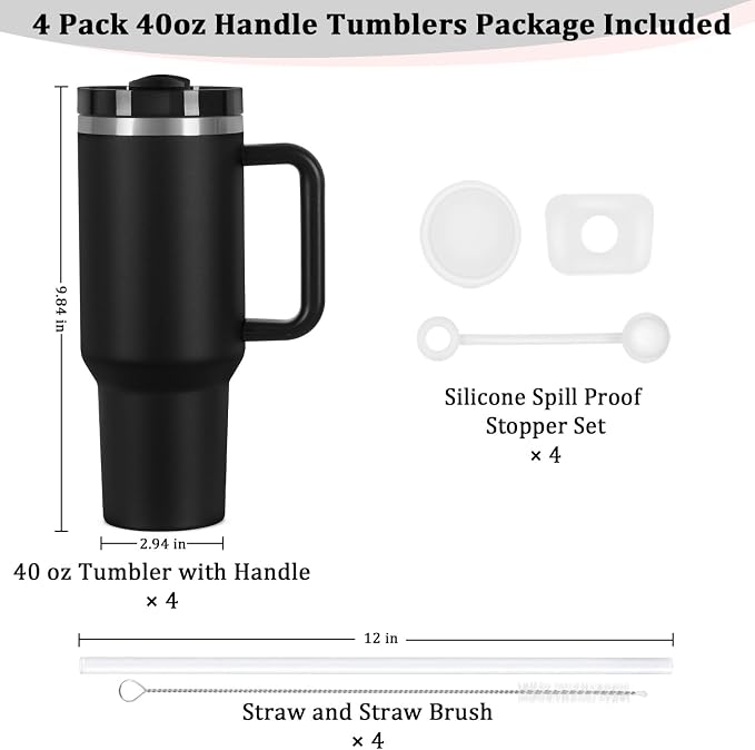 40 Oz Tumbler with Handle, Double Wall Vacuum Insulated Stainless Steel Tumbler with Lid and Straw, 40 oz cup with Silicone Spill Proof Stopper Set (Black-1) - Image 3