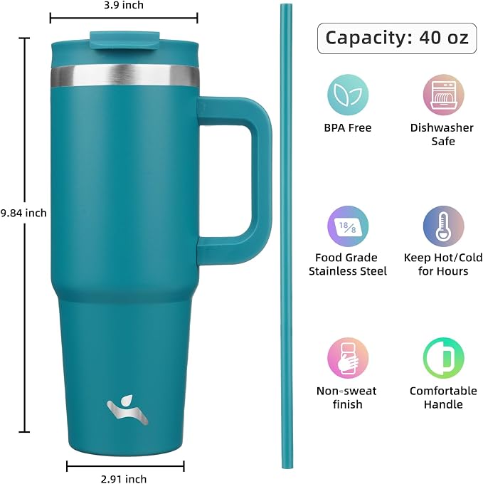 Konokyo 40 oz Tumbler with Handle and 2 Straws,2 in 1 Lid Insulated Water Bottle Stainless Steel Travel Coffee Mug,Blue - Image 4