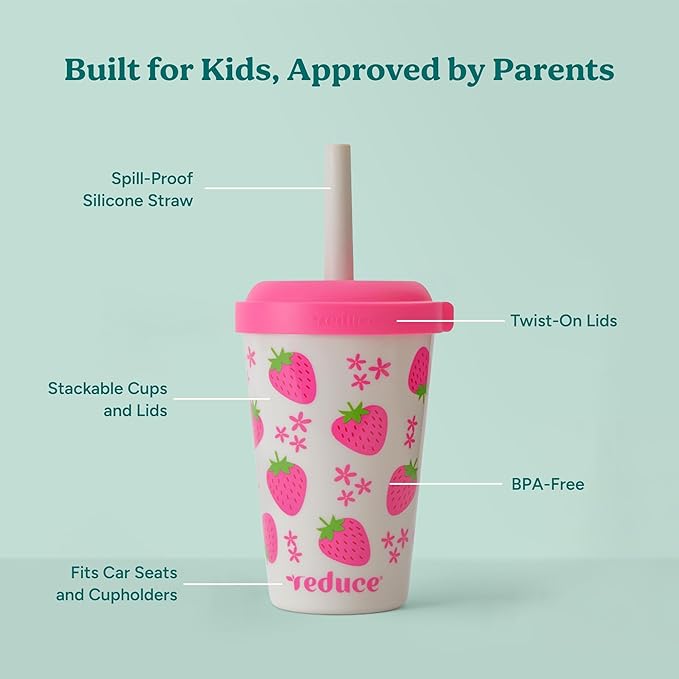 REDUCE GoGo's Kids Portable Tumbler Cups with Lids and Spill-Proof Straws - 5 Pack of Stackable 12 oz Tumblers with Twist-On Lids - Easy Storage, Dishwasher Safe - Fruity Cutie - Image 3