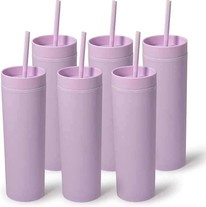 sweet grain Skinny Tumblers with Lids and Straws(6 Pack) - 16oz Matte Pastel Colored Skinny Acrylic Tumblers, Double Wall Plastic Tall Skinny Tumblers Bulk for Cold Hot Drinks - Purple by sweetgrain