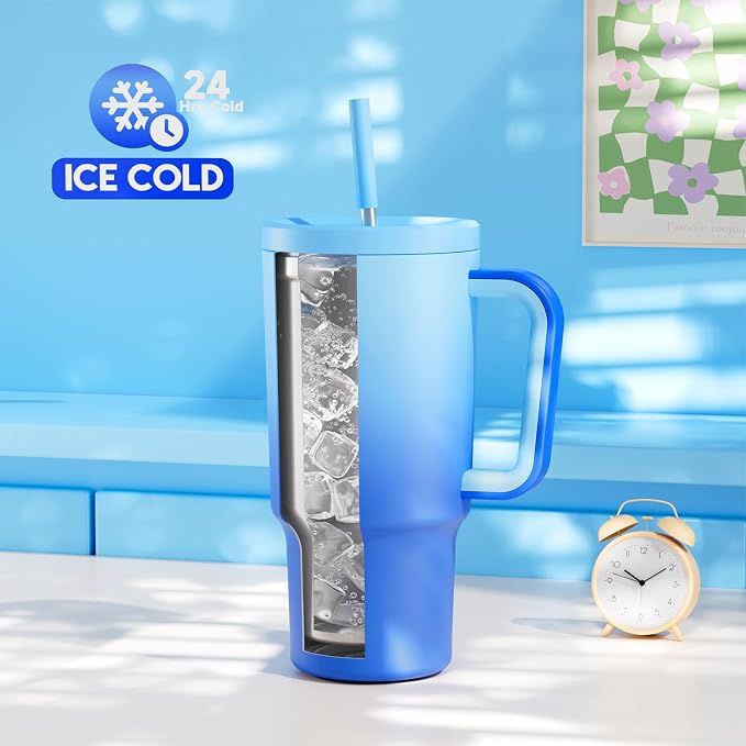 Meoky 30 oz Tumbler with Handle, Tumbler with Lid and Straw, Insulated Stainless Steel Travel Mug, 100% Leak-proof, Cupholder Friendly, Keeps Cold for 24 Hours or Hot for 8 Hours (Sky) - Image 2