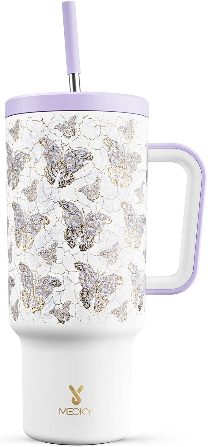 Meoky 40 oz Tumbler with Handle and Straw: Stainless Steel Insulated Tumbler with Lid and Straw - 100% Leak Proof Tumbler for Car Cup Holders - Travelers Commuters Workers, Gold Butterfly by MEOKY