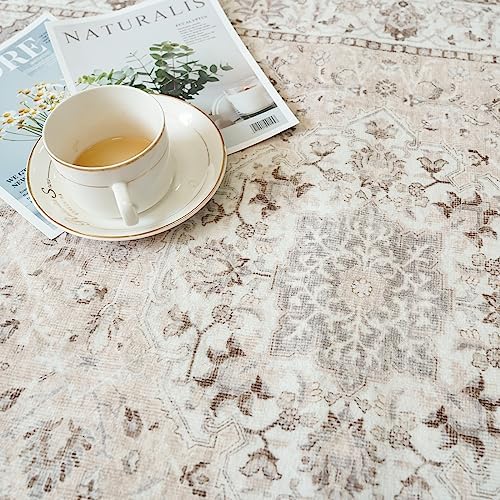 Living Room 4x6 Area Rugs: Vintage Farmhouse Washable Non-Slip Rug for Bedroom Dining Room Ultra Thin Soft Carpet for Nursery Kitchen Durable Low-Pile Neutral Floor Mat for Pet Owners(4x6 Beige) - Image 4