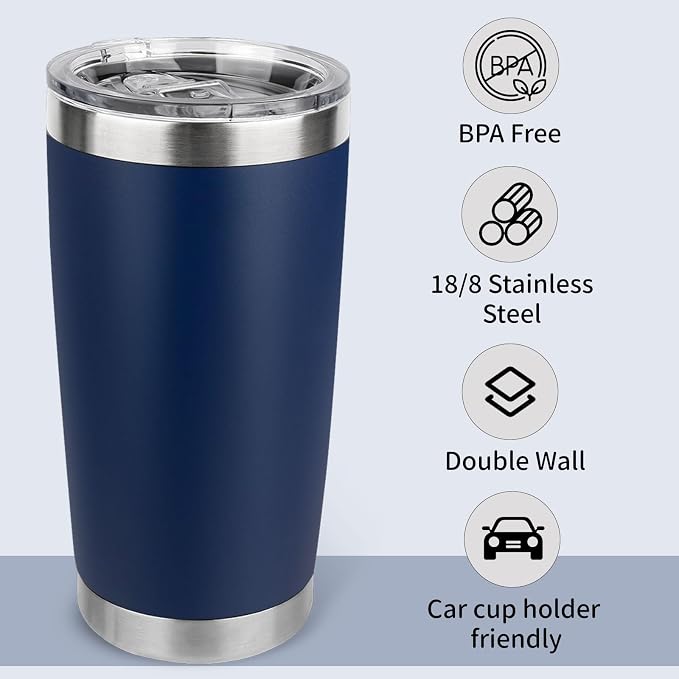 20oz Stainless Steel Tumbler Bulk with Lid, Travel Mug - Double Wall Vacuum Powder Coated Cup - Navy Blue, 12 Pack - Image 3
