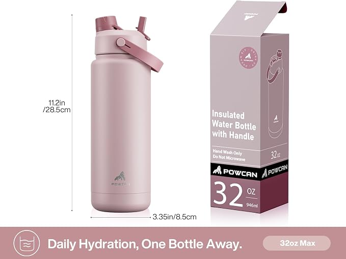 POWCAN 32 oz Insulated Water Bottle with 2-in-1 Straw and Spout Lid, Keep Cold 24H, Leak-Proof, BPA-Free, Double Wall Stainless Steel Water Bottle for Sports, Gym, Travel, and School (Dried Rose) - Image 5