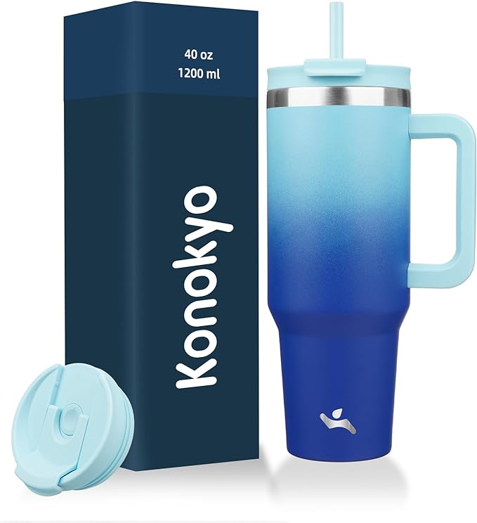 Konokyo 40 oz Tumbler with Handle and 2 Straws,2 in 1 Lid Insulated Water Bottle Stainless Steel Travel Coffee Mug,Sky by Konokyo