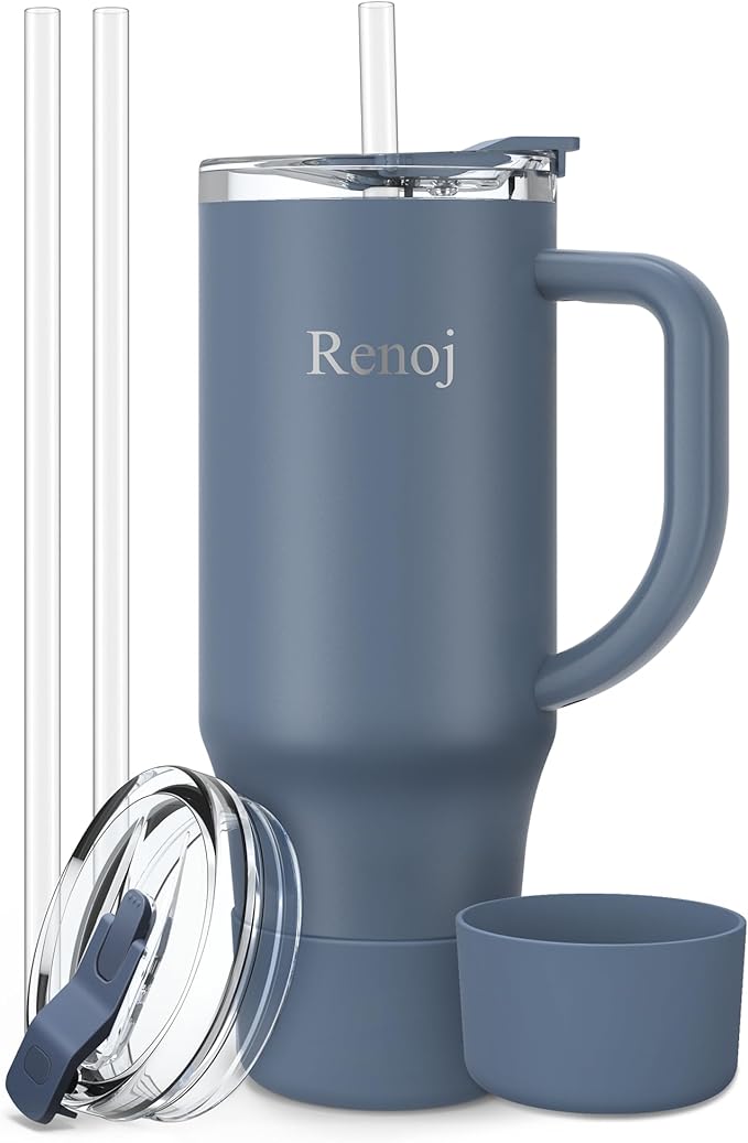 Renoj Insulated Mug 100% Leak Proof Insulated Water Bottle for Iced Coffee & Hot Drinks - Fits Car Cup Holder, Ideal Gift, 2 Straws & Silicone Boot - SnapShift Navy Blue 32 oz by VisittheRenoj