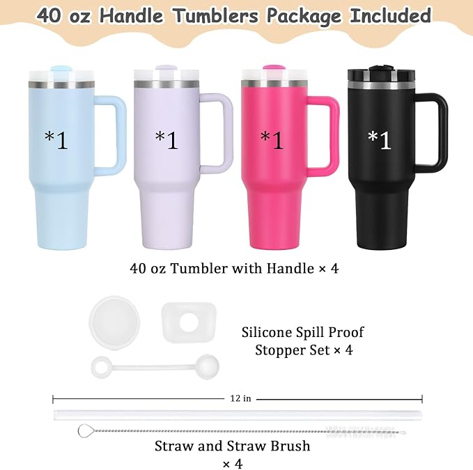 4 Pack 40 Oz Tumblers with Handle Bulk, Double Wall Vacuum Insulated Stainless Steel Tumblers with Lid and Straw, 40 oz Cups with Silicone Spill Proof Stopper Set (Black,Sky Blue,Purple,Hot Pink) - Image 5