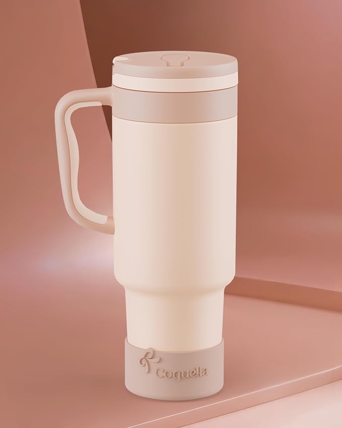 40 oz Insulated Tumbler with Handle and Push-Button Straw Lid, Stainless Steel Travel Cup for Gym Office, Leakproof, BPA-Free, Cup Holder Friendly, Bow Silicone Boot, Beige (Cream Latte) - Image 2