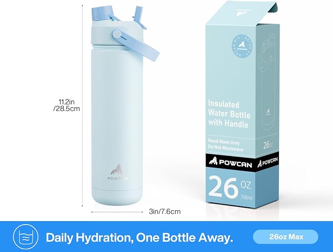POWCAN 26 oz Insulated Water Bottle with 2-in-1 Straw and Spout Lid, Keep Cold 24H, Leak-Proof, Fits in Car Cup Holder, Stainless Steel Water Bottle for Sports, Travel, and School (Sea Breeze) - Image 6
