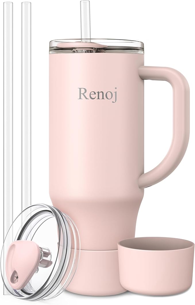 Renoj Insulated Mug 100% Spill Resistant Insulated Water Bottle for Iced Coffee & Hot Drinks - Fits Car Cup Holder, Ideal Gift, 2 Straws & Silicone Boot - FlexSlide Light Pink 32 oz by VisittheRenoj