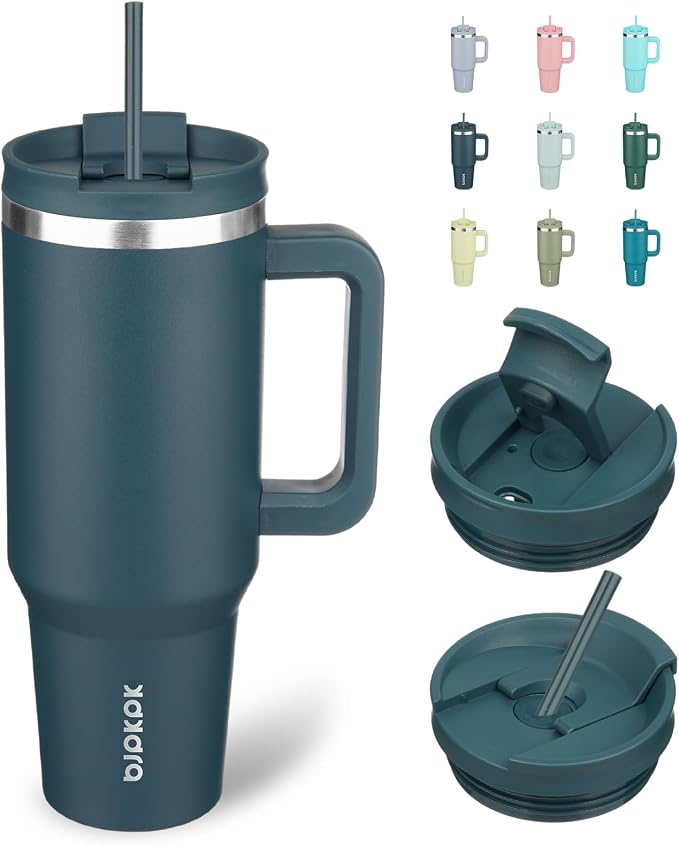 BJPKPK 40oz Stainless Steel Insulated Tumbler With Handle And Lid Straw Travel Coffee Mug Thermal Cup,Navy Blue by BJPKPK