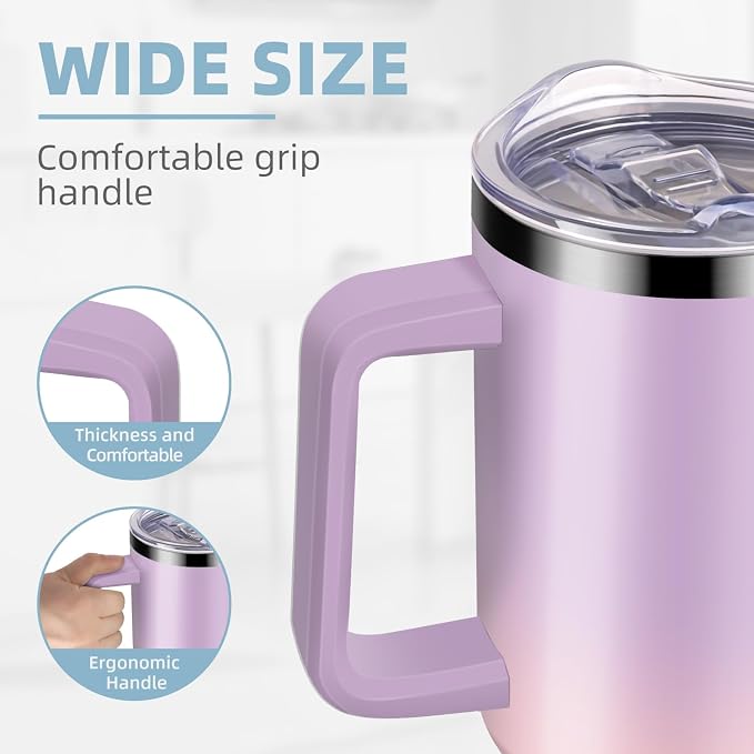 40 oz Tumbler with Handle and Straw, 100% Leak Proof Tumblers Cup, Stainless Steel Insulated Travel Coffee Mug, Keeps Drinks Cold for 24 Hours or Hot for 10 Hrs, Fit for Car Cup Holder, PurplePink - Image 4