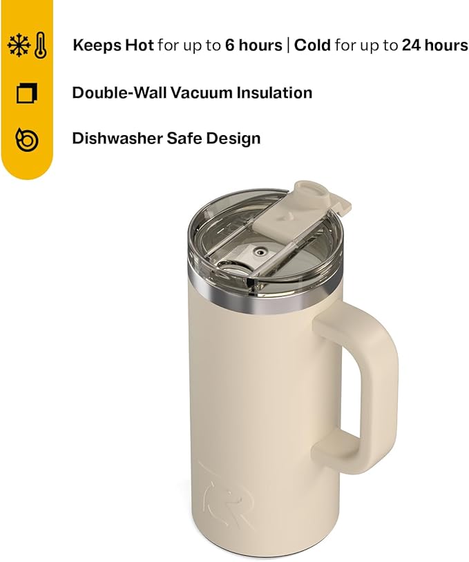 RTIC 16oz Road Trip Travel Mug with Lid and Handle, Ceramic Lined, Insulated, Stainless Steel, Metal, Double Wall Vacuum-Insulation, Portable Coffee, Tea Cup for Hot and Cold Drink, Beach - Image 2