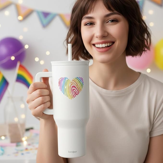 SANDJEST LGBT 40oz Tumbler with Handle and Straw, Insulated Stainless Steel Travel Coffee Mug for Gay Lesbian Adults Friends, Gift Idea for Birthday Christmas Pride Month (Heart Fingerprints) - Image 6